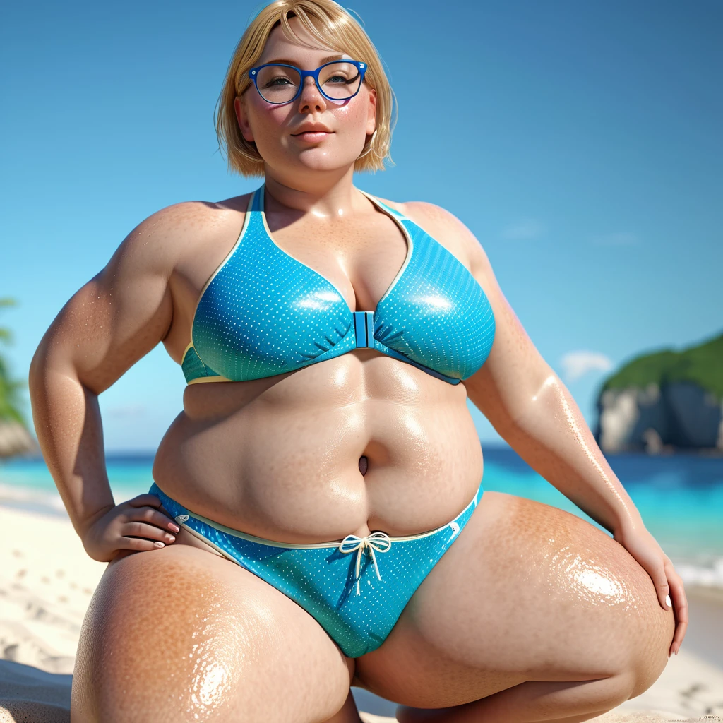 extremely detailed, high quality, realistic, photorealistic, 8k, masterpiece, full body, glowing skin, beautiful face, mature woman, high cut microbikini, extreme thin bikini, too small bikini, too big woman for tiny bikini, teardrop bikini, open legs, over 50 short blonde hair, lot of freckle on her whole body, freckle everywhere, glasses, extreme obese, sensual pose, extreme huge belly, bellyrolls, huge thighs, sweaty, cellulite, ssbbw, ussbbw, extreme cellulite, cream on body, stretchmarks, gigantic saggy bottom, huge flat ass, cameltoe