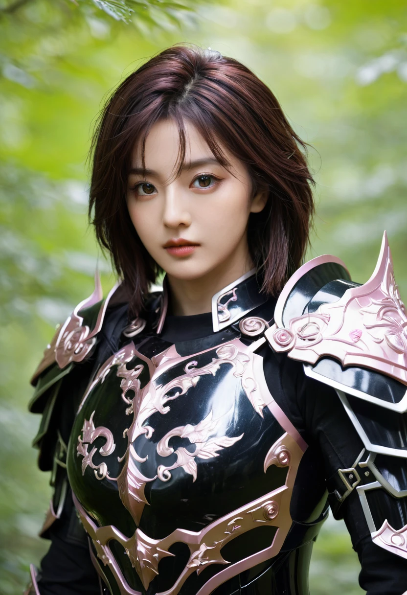 Aseraphim Sakura, Perfect eyes, (Surreal:1.5), (Standing in the forest:1.2), (Close-up photos:1.5), (Black Paladin Armor:1.2), (complex:1.2), (Looking at the camera:1.2), (best quality:1.2), 