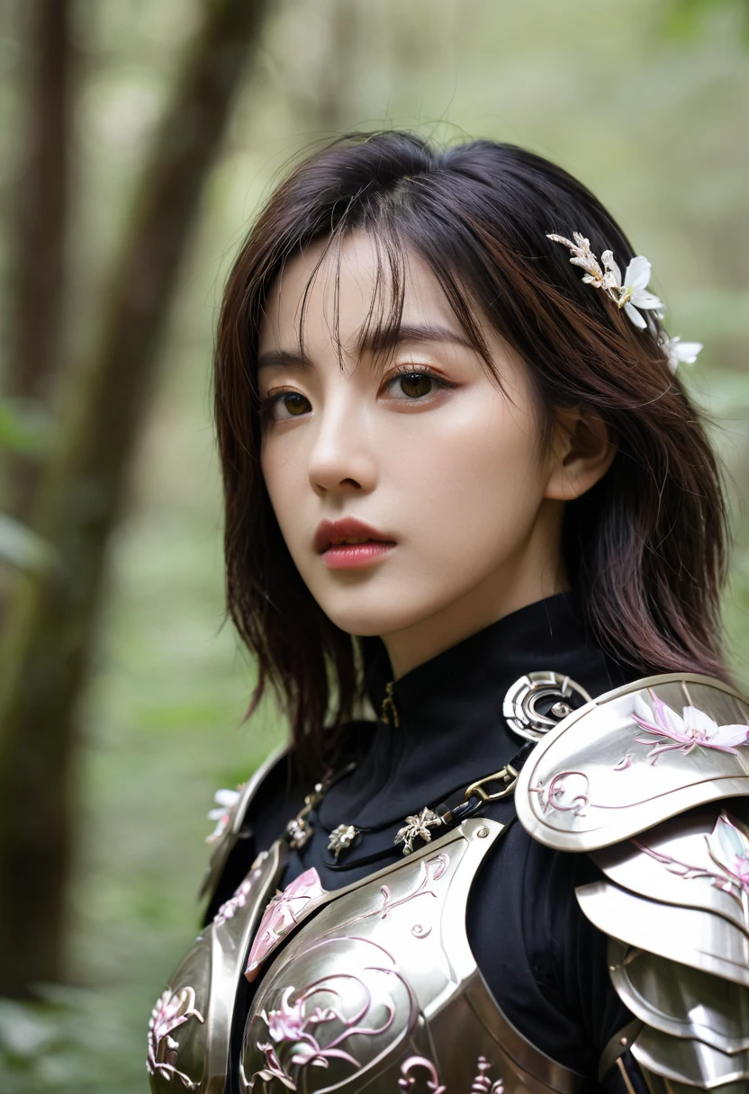Aseraphim Sakura, Perfect eyes, (Surreal:1.5), (Standing in the forest:1.2), (Close-up photos:1.5), (Black Paladin Armor:1.2), (complex:1.2), (Looking at the camera:1.2), (best quality:1.2),