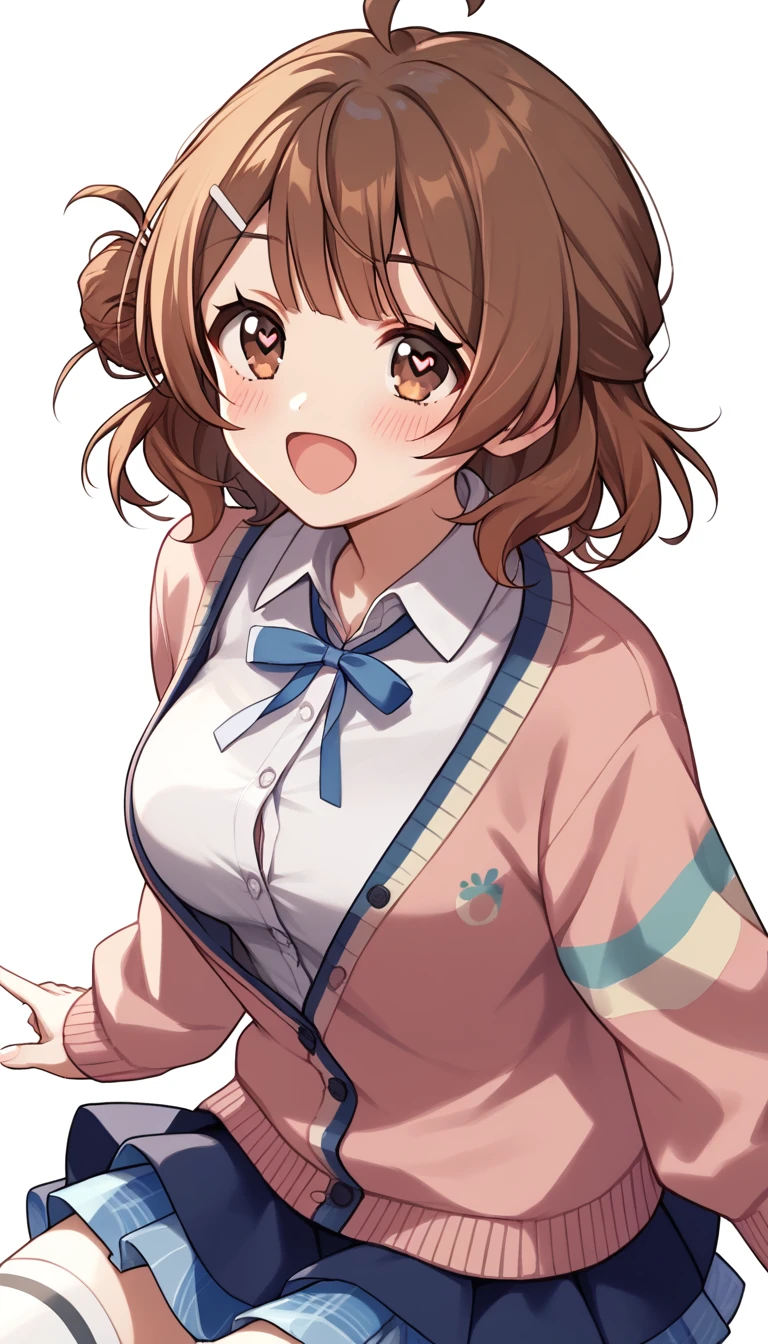 16k,score_9, score_8_up, score_7_up, source_anime, rating_safe,super detailed , hanami ume, brown eyes, brown hair,medium hair, hair bun,ahoge,, cardigan,dress shirt,layered skirt,white thighhighs,(white hairclip:0.8), (heart eyes),(heart in eyes),spoken heart,open mouth,big breast ,blush,beautiful face,beautiful eyes,details eyes,white background