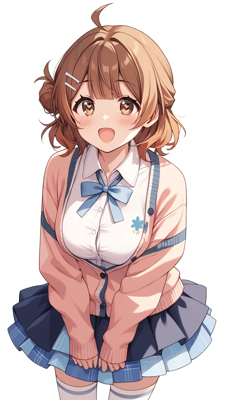 16k,score_9, score_8_up, score_7_up, source_anime, rating_safe,super detailed , hanami ume, brown eyes, brown hair,medium hair, hair bun,ahoge,, cardigan,dress shirt,layered skirt,white thighhighs,(white hairclip:0.8), (heart eyes),(heart in eyes),spoken heart,open mouth,big breast ,blush,beautiful face,beautiful eyes,details eyes,white background