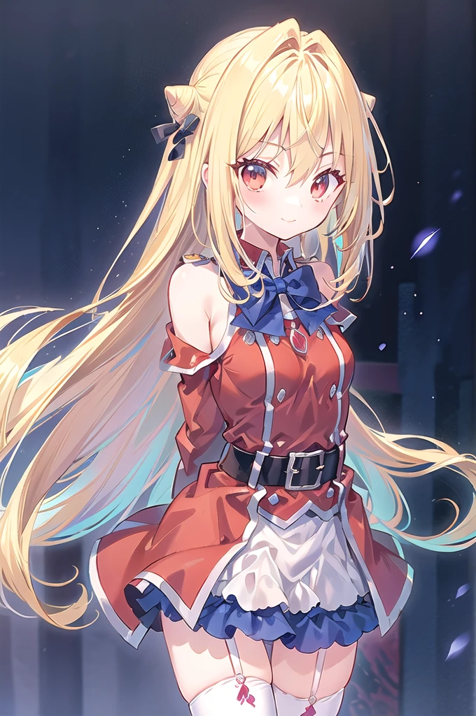 1girl,solo,cowboy shot,standing,(blonde hair:1.2),long hair,cone hair bun,hair ornament,hair intakes, ahoge, bangs,(red eyes:1.2),(beautiful fingers:1.4),(perfect anatomy:1.4),(arms_behind_back:1.6),(cold_shoulder:1.2),medium breasts,beautiful breasts,masterpiece,best quality,(Ultra high definition eyes:1.2),8k,(Beautiful detailed eyes:1.2),(Fine and beautiful eyes:1.2),(pretty eyes:1.2),finely detail,extremely CG, absurdres,high resolution,illustration,Detailed and beautiful outlines,finely detail,high resolution,(colorful refraction:1.4,Increase saturation:1.2),beautiful lighting,dynamic lighting,closed room,black background,simple background, smile,looking at viewer, blue bowtie, red jacket, red coat, long sleeves, belt, garter straps,(white thighhighs)