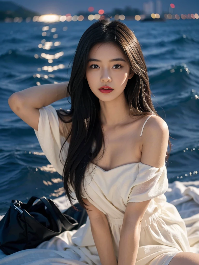 towards the camera,put a face to the viewer,stand on all fours,High image quality,works of masters,daughter,black hair,long hair shawl,long hair flowing over shoulders,cropped shoulder,clavicle,exquisite face,moist red lips,white dress,clavicle,towards the camera,Single photo,hosiery,sad expression,bust,real person,(ocean,sandy beach),CG rendering,16,000,lying in bed,Put your hands behind your head.,look into the camera,The night scenery was beautiful, farewell,hyper hd,The details were perfect,the picture is real,Extreme picture quality,Highest accuracy,8K 해상도,shade of darkness,8K, yes ,Ultra HD,8K