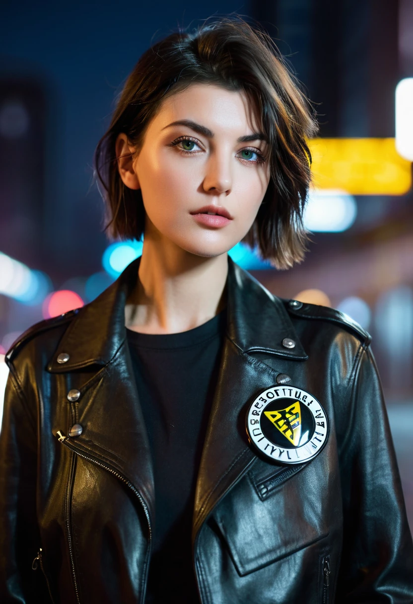 Portrait natlp as a beautiful female model, Georgia Fowler, Pretty Face, Dark Brown Short Hair, Cyberpunk city by night. She is wearing a leather jacket, Black jeans, Dramatic Lighting, (badge:1.2)