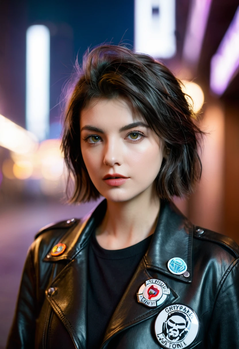 Portrait natlp as a beautiful female model, Georgia Fowler, Pretty Face, Dark Brown Short Hair, Cyberpunk city by night. She is wearing a leather jacket, Black jeans, Dramatic Lighting, (badge:1.2)