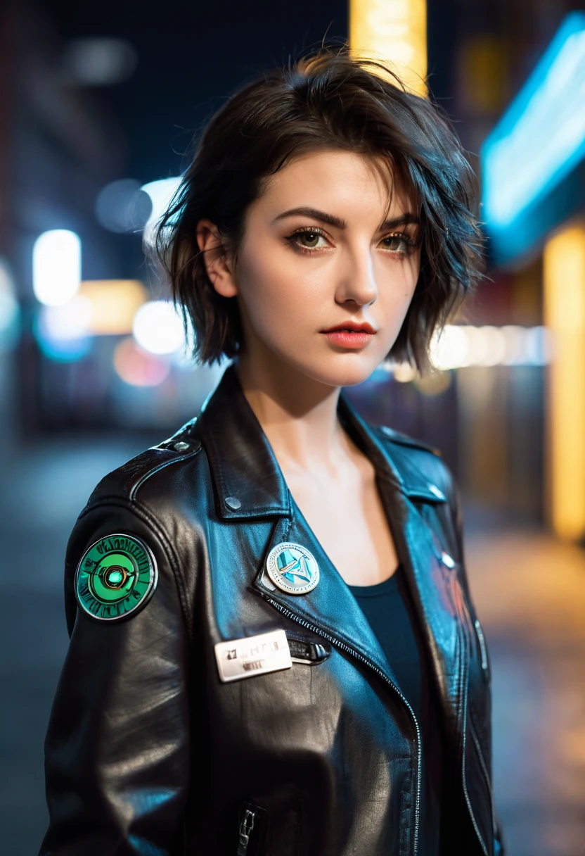 Portrait natlp as a beautiful female model, Georgia Fowler, Pretty Face, Dark Brown Short Hair, Cyberpunk city by night. She is wearing a leather jacket, Black jeans, Dramatic Lighting, (badge:1.2)
