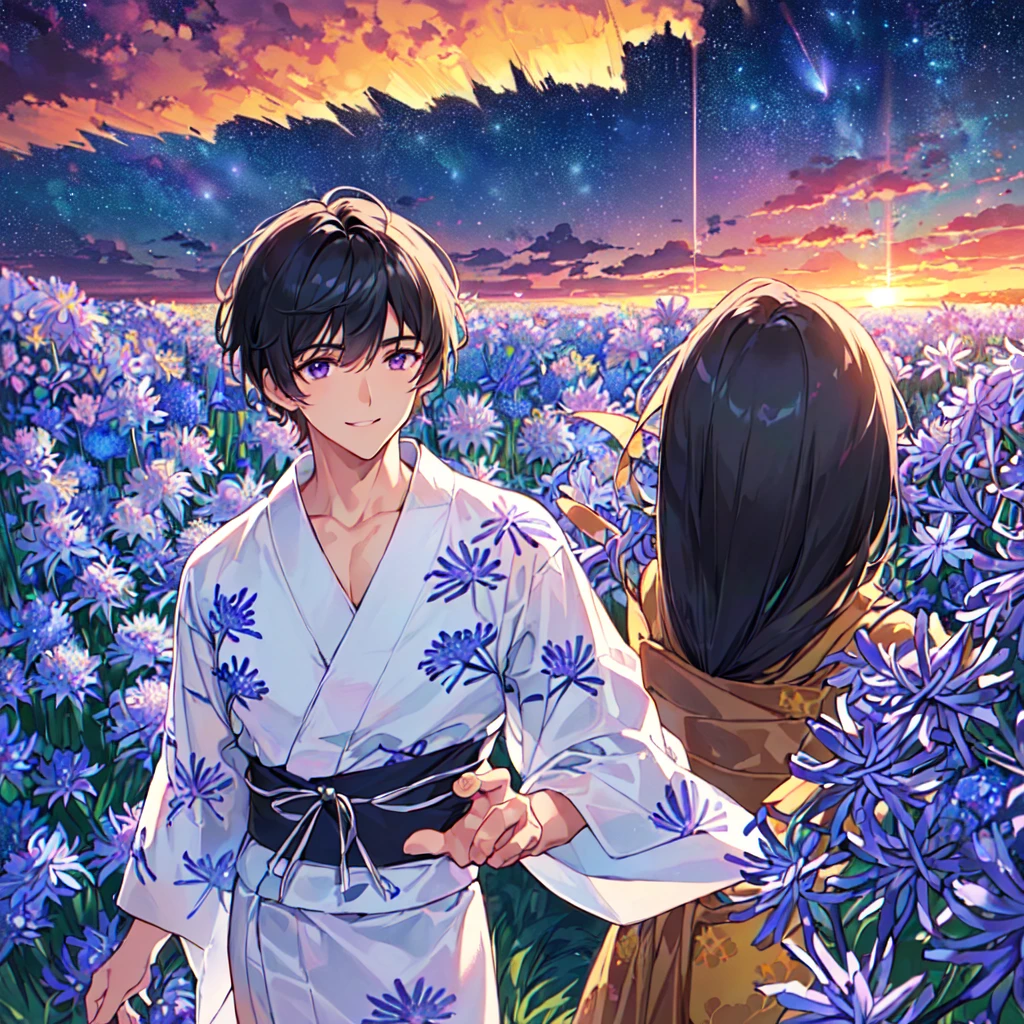 masterpiece,best quality,high quality,(1 male austere handsome solo adult age 30 years old:1.5), purple eyes, cool with suspended eyes, V-shaped eyebrows, body strong and fearless 8.5 head tall, height 185cm, (well-groomed black short hair to neck:1.4), (bangs 7 thirds parted: 1.4), slender nose, facial muscles, throat, (agapanthus flower print in summer yukata: 1.3), (stylish pose), (cool smile: 1.3), (agapanthus flower field in background: 1.3), (Milky Way Night Sky: 1.3)