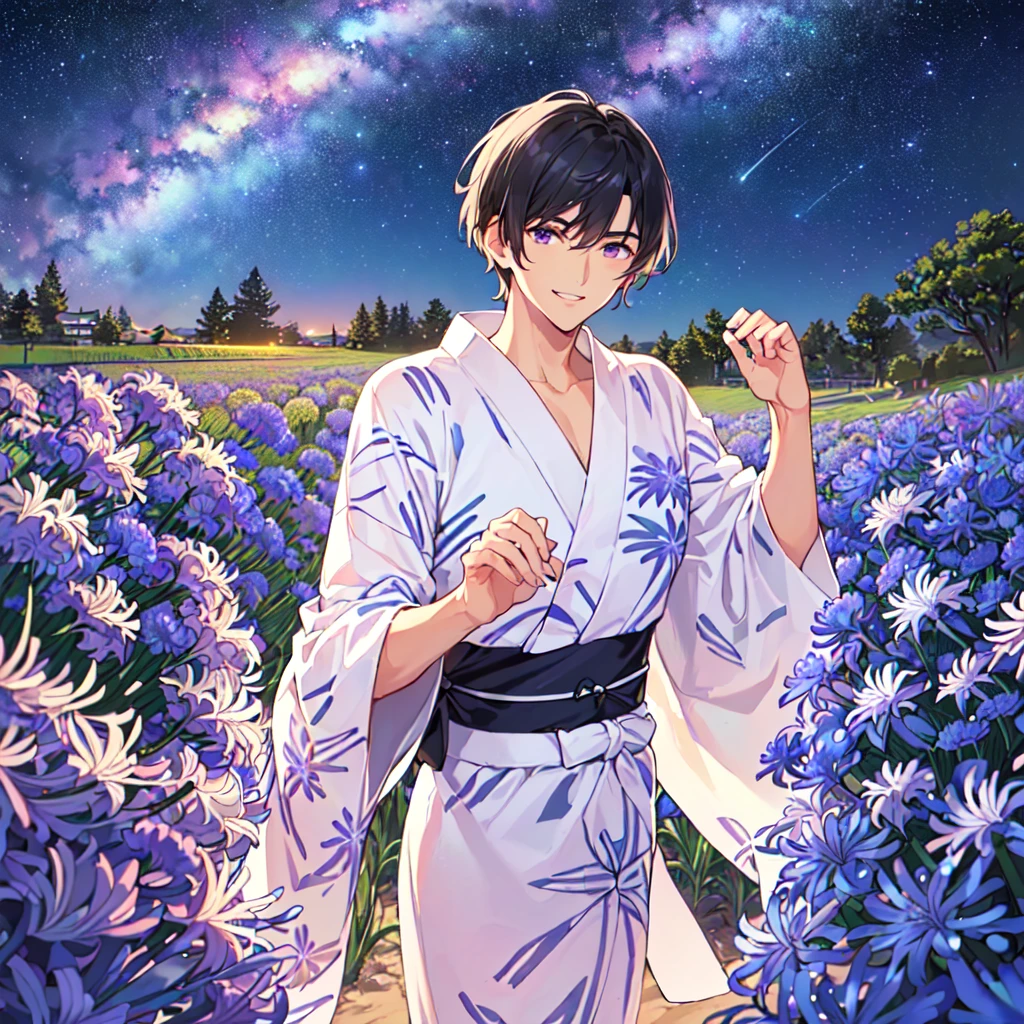 masterpiece,best quality,high quality,(1 male austere handsome solo adult age 30 years old:1.5), purple eyes, cool with suspended eyes, V-shaped eyebrows, body strong and fearless 8.5 head tall, height 185cm, (well-groomed black short hair to neck:1.4), (bangs 7 thirds parted: 1.4), slender nose, facial muscles, throat, (agapanthus flower print in summer yukata: 1.3), (stylish pose), (cool smile: 1.3), (agapanthus flower field in background: 1.3), (Milky Way Night Sky: 1.3)