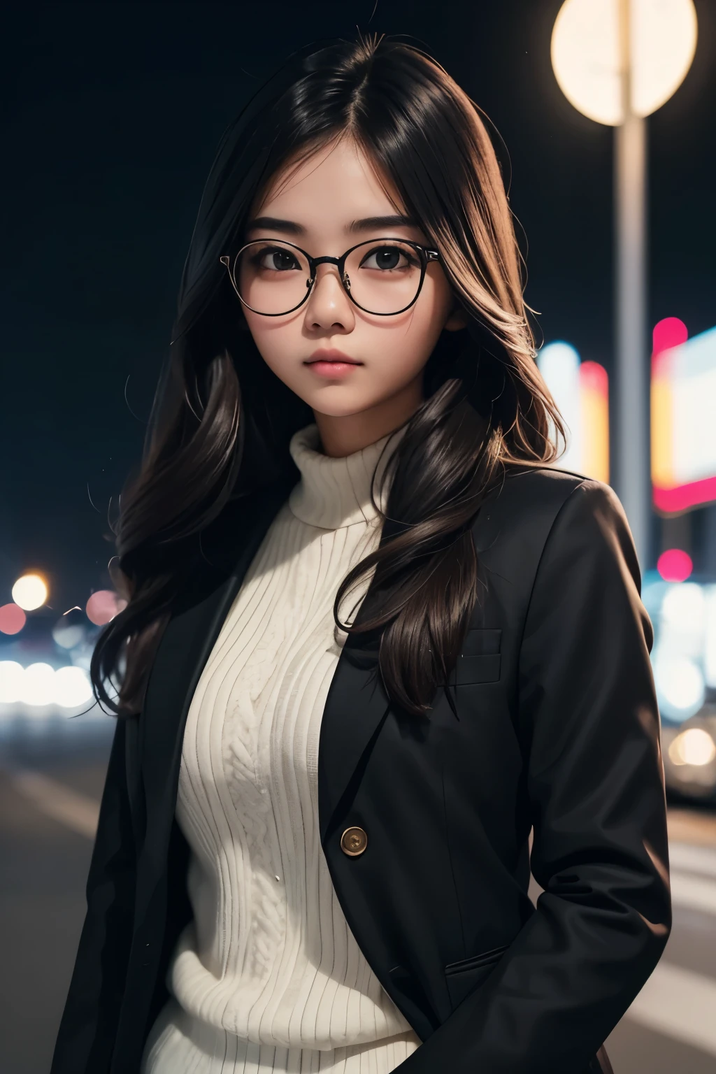detailed face of photo. 20 year old white skin slim body Indonesian girl with a sweet  face,   round face chubby face and long brown wavy hair, round glasses wearing black  modern  style luxury winter blazer in skyview  at night