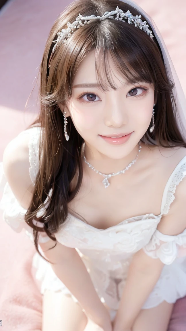 (Highest quality、Tabletop、8K、Best image quality、Award-winning works)、One beautiful bride、(alone:1.1)、(The most extravagant and gorgeous huge pure white wedding dress:1.1)、(Perfect Wedding Lace:1.2)、(The most gorgeous and luxurious giant tiara:1.1)、(The most extravagant and luxurious giant necklace:1.1)、あなたの最高の笑顔で私をplease look、The finest jewellery decoration、Perfect Makeup、Long eyelashes、Ultra HD Shining Eyes、Ultra HD Hair、Ultra-high resolution glossy lips、Ultra High Resolution Perfect Teeth、Super high resolution beautiful face、(Accurate anatomy:1.1)、Very bright and beautiful skin、very bright and vivid、Perfect beautiful bridal hairstyles、(Front facing body:1.1)、(Solid pink background:1.2)、Cleavage、nude、(The 肖像画 was taken from above the lying body: 1.3)、(( M-shaped legs spread, please look )))), (Show me your legs spread wide: 1.5), Real nipples, real open, (女性のマンコ汁がカメラにsquirtしている:1.2), Beautiful 20 year old Japanese girl, Stimulating the clitoris, masturbating and fingering, orgasm, Detailed facial features,(Front view), (squirt from pussy:1.2), (squirt:1.2), Remove the shoulder straps to expose your chest, (Showing realistic beautiful nipples:1.5)