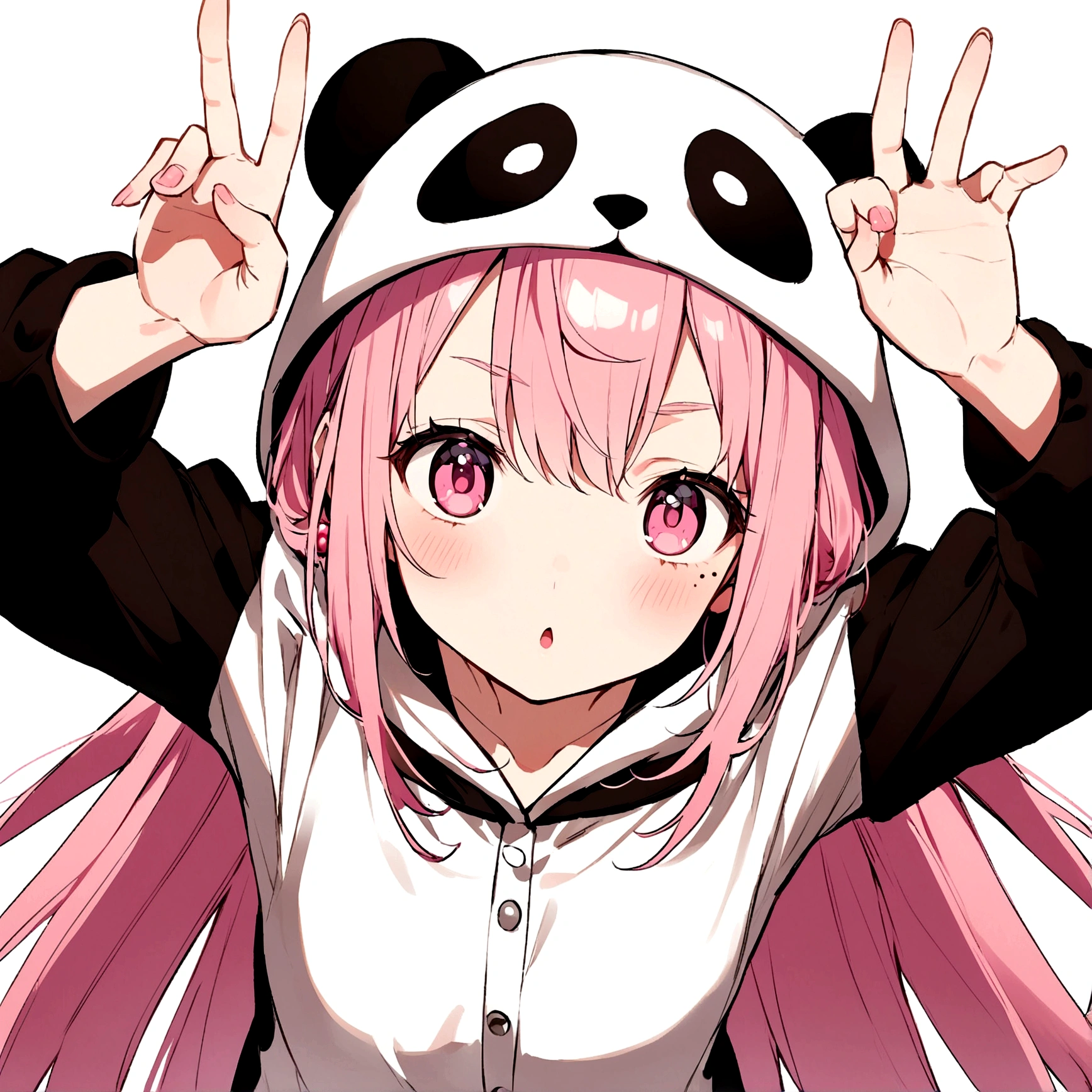 anime、Girl in panda costume、Pink Hair、Mole under the eye、Pink eyeball、Cute pose、Five fingers