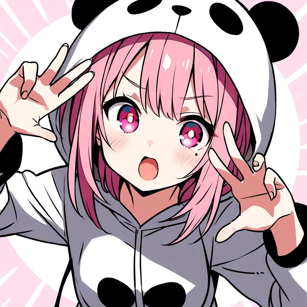anime、Girl in panda costume、Pink Hair、Mole under the eye、Pink eyeball、Cute pose、Five fingers