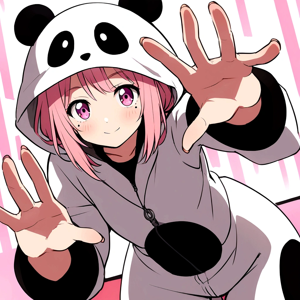 anime、Girl in panda costume、Pink Hair、Mole under the eye、Pink eyeball、Cute pose、Five fingers