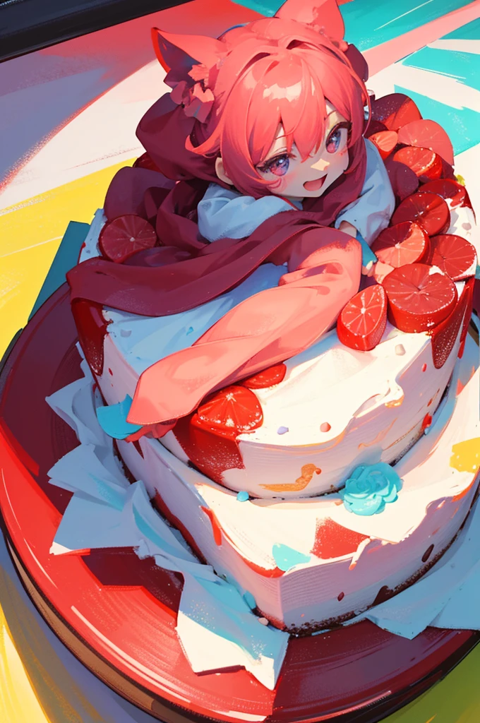 HAPPY Birthday,4K,high resolution,red, colorful,Cake illustration,No people,背景はcolorfulpastel colourの風船,pastel colour,Front image