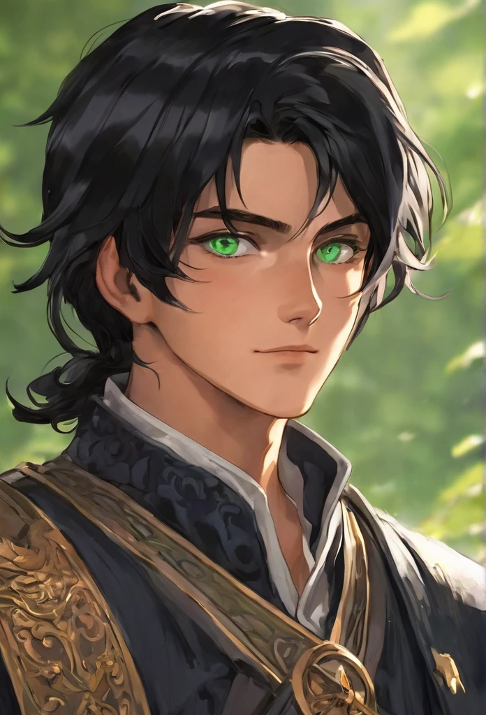 19 years old, male, human, black hair, green eyes, noble, adventurer