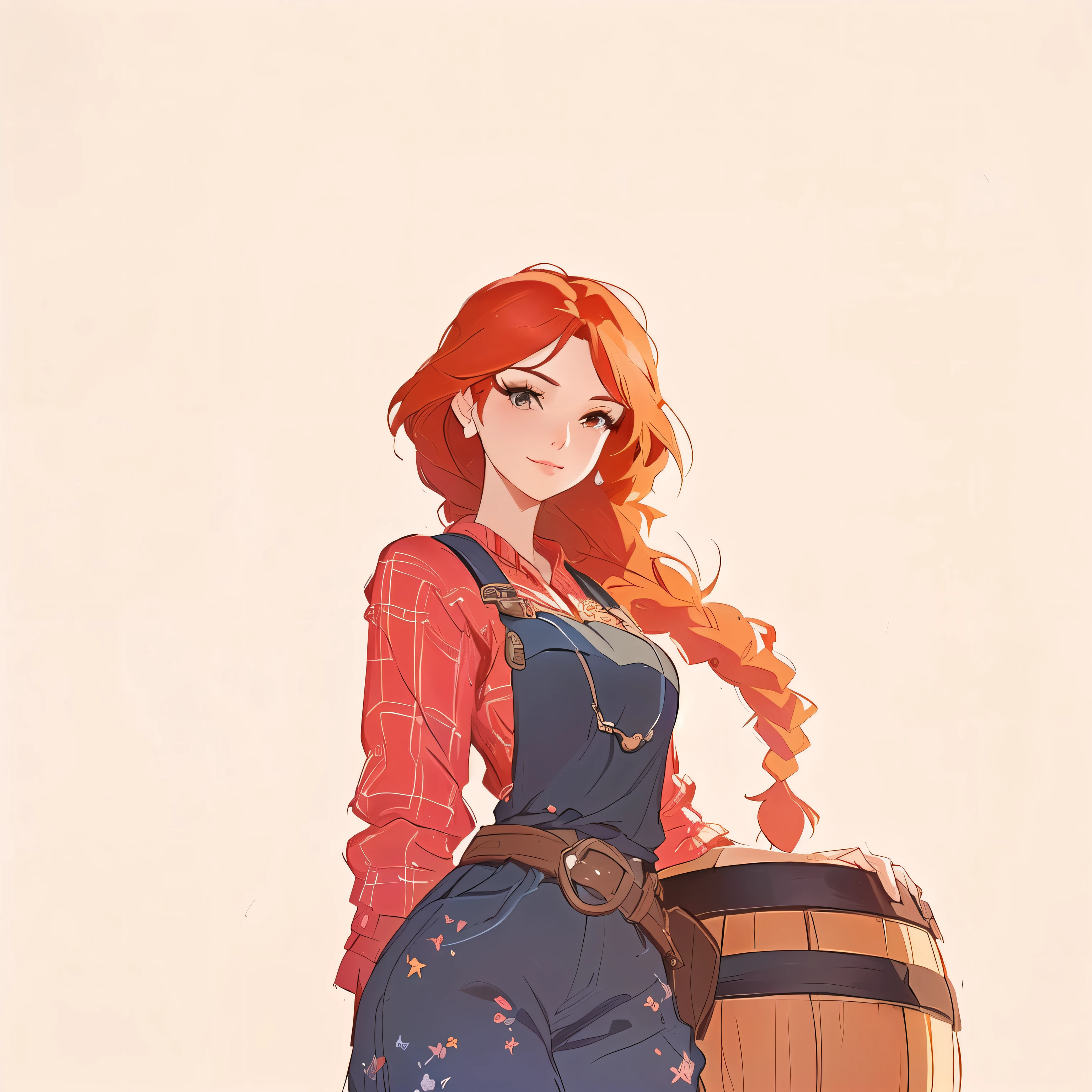 there is a woman with red hair and a hat holding a barrel, disney art style, disney artstyle, disney character style, stunning character art, artgerm and atey ghailan, great character design, disney concept art, disney character, beautiful character painting, disney art, she has long redorange hair, cute art style, abigail from stardew valley
