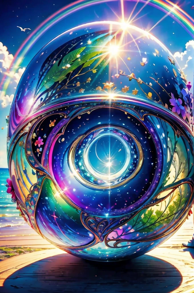 (Highest quality), (8K), (Highest quality), (live-action), (Realistic photos), summer、summerを感じる物、summerを感じる風景, watermelon、blue sky, Rainbow and sunshine shining.16K, Ultra-high resolution, Shining in rainbow colors、to be born,wonderful ,future、Iridescent、The world 30 years from now。