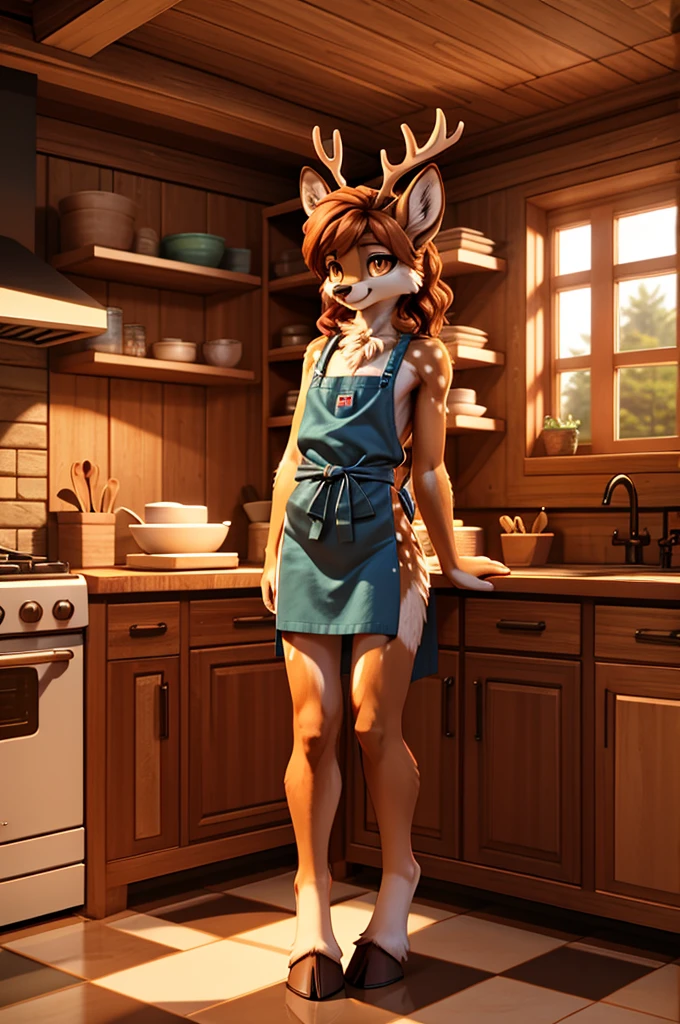 youthful, adolescent, tall, slim, anthropomorphic furry deer character, distinctly feminine figure, narrow hips, long legs, thick, fluffy, volumetric fur, cinematic high fidelity 3D CAD Model style, soft caramel and cream fur, expressive amber eyes, long, flowing auburn hair with light curls, standing in a cozy, rustic kitchen, wooden cabinets, checkered floor, one hoof raised, showing polished hoof, confident, proud smile, apron tied around waist, casual, relaxed vibe, detailed scene.