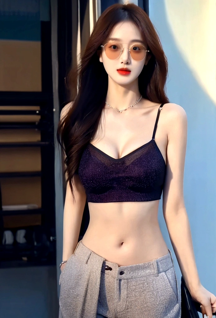 high resolution photo, sexy, sluty, lovely, desirable,provocative im nana in tight semi-transparency top with deep neckline, skater pants, jewelry, fashionable sunglasses, in the city, sunny summerday, hyperdetailed, cinematic lighting, f/16, award winning, masterpiece