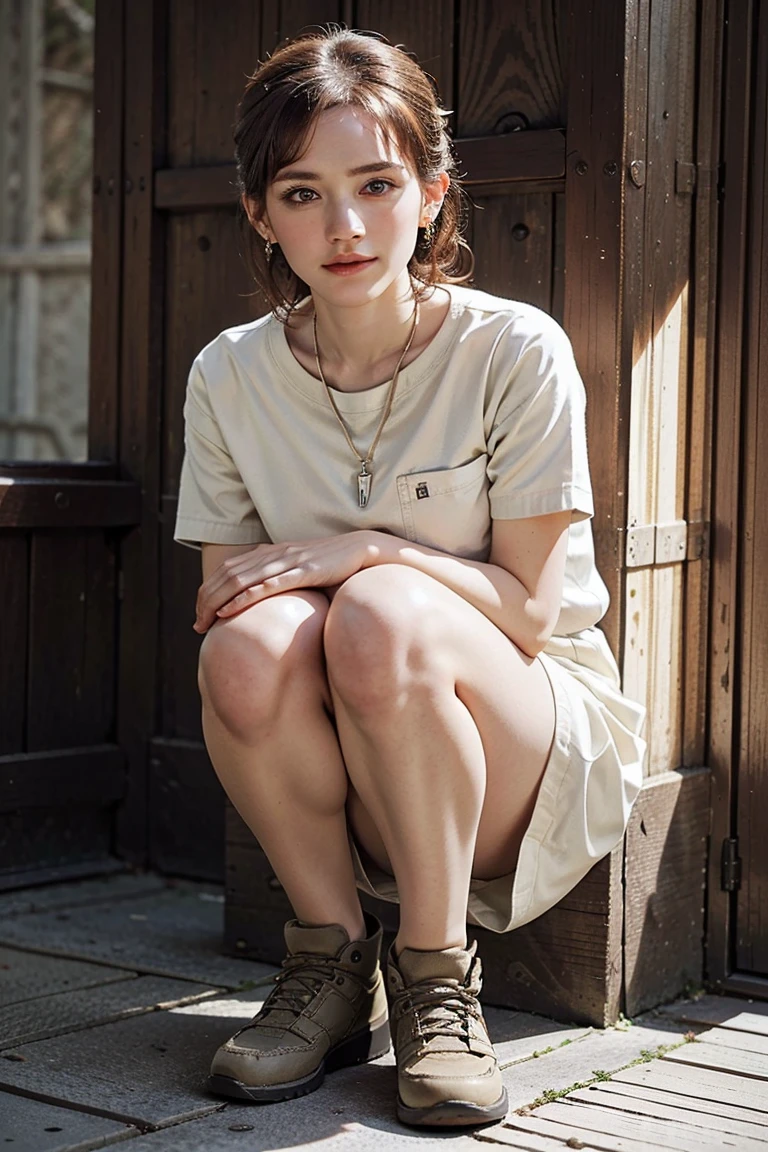 (Preserve face images), pale face:1.3、Super thin face:1.3, (very big eyes:1.5)、 (blown eyes:1.5), master piece、8K, {highest quality}, {{masterpiece}}, {very delicate and beautiful}, outstanding light and shadow, highly detailed wallpaper, clear and bright sunlight, (((Full body))), 1 girl, blush、(薄い茶colorの髪), strong sunlight, ((a strong light shines on your face)), color々A pose:1.5, necklace、ring、earrings、 BREAK (light-khaki color theme:1.4), (light-khaki color tops:1.4), ((gigid cotton texture, large Pockets):1.3), (wear a oversized light-khaki colour cotton workwear cargo dress with a stiff texture over naked body:1.4), ((short Sleeves, bottomless, knot on waist):1.3), (one-piece), ((collar, chainbone, thighs):1.3), (worker boots:1.2), ,(Toothless smile:1,5),