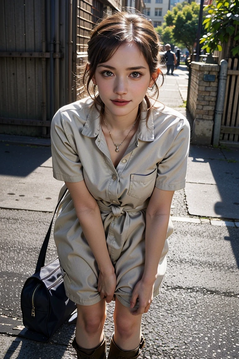 (Preserve face images), pale face:1.3、Super thin face:1.3, (very big eyes:1.5)、 (blown eyes:1.5), master piece、8K, {highest quality}, {{masterpiece}}, {very delicate and beautiful}, outstanding light and shadow, highly detailed wallpaper, clear and bright sunlight, (((Full body))), 1 girl, blush、(薄い茶colorの髪), strong sunlight, ((a strong light shines on your face)), color々A pose:1.5, necklace、ring、earrings、 BREAK (light-khaki color theme:1.4), (light-khaki color tops:1.4), ((gigid cotton texture, large Pockets):1.3), (wear a oversized light-khaki colour cotton workwear cargo dress with a stiff texture over naked body:1.4), ((short Sleeves, bottomless, knot on waist):1.3), (one-piece), ((collar, chainbone, thighs):1.3), (worker boots:1.2), ,(Toothless smile:1,5),