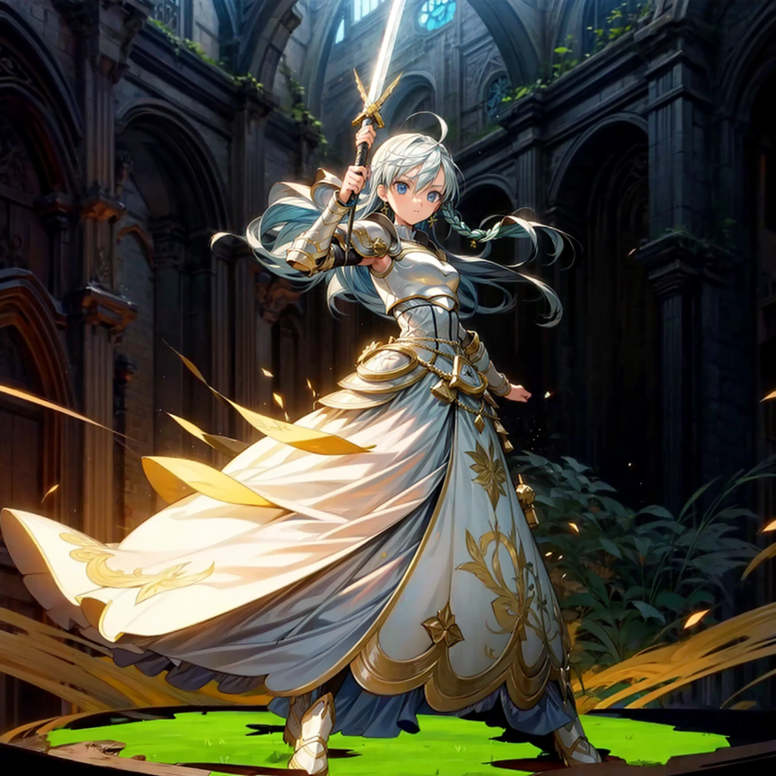 1girl, Full body version, 1character, children version, blue eyes color, long haircut, white colour hair, formal style clothing, medieval gold armour, one gold sword in hand, Grassroots, background in green field, motion blur, battle gesture, lighting sword, smoke, fire lighting, fire, masterpiece,  (Hunter x Hunter style)