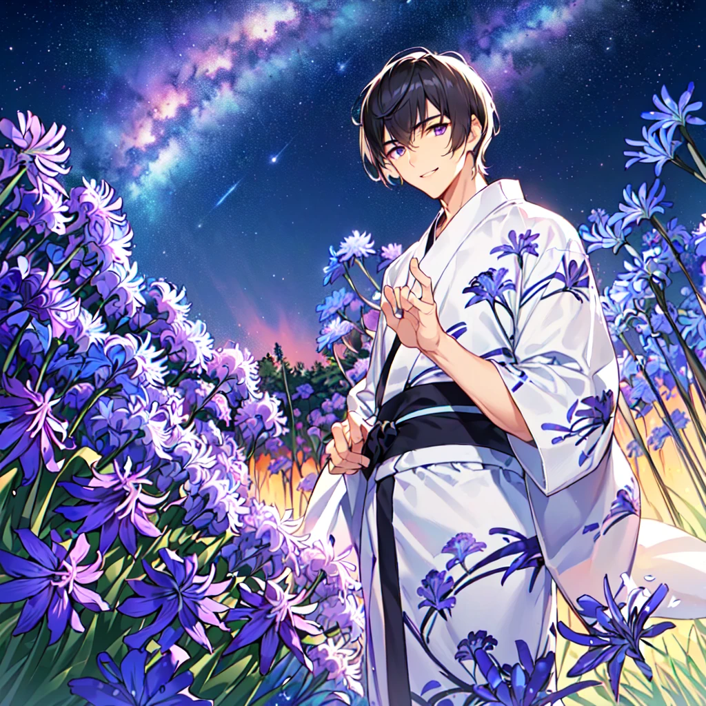 masterpiece,best quality,high quality,(1 male austere handsome solo adult age 30 years old:1.5), purple eyes, cool with suspended eyes, V-shaped eyebrows, body strong and fearless 8.5 head tall, height 185cm, (well-groomed black short hair to neck:1.4), (bangs 7 thirds parted: 1.4), slender nose, facial muscles, throat, (agapanthus flower print in summer yukata: 1.3), (stylish pose), (cool smile: 1.3), (agapanthus flower field in background: 1.3), (Milky Way Night Sky: 1.3)