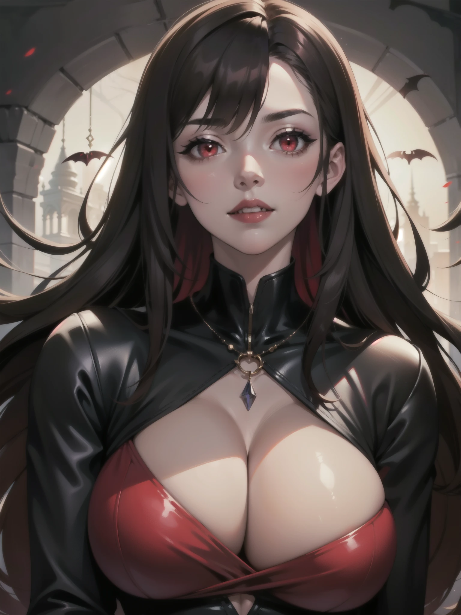 1girl, beautiful, vampire goddess, brunette very long hair, red eyes, wearing a sexy red and black dress, ultrasharp, looking at the viewer, ((best quality)), ((masterpiece)), (detailed), perfect face, big breast, sexy pose, sexy body,
