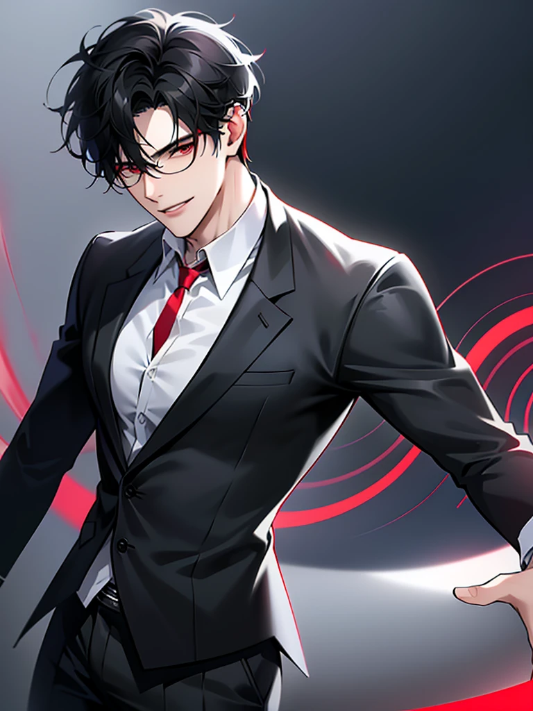(masterpiece, 4k, high quality:1.3), 1boy, solo, short hair, black hair, asymmetrical fringe, red eyes, handsome,sharp eyes, (mature male, mature:1.2), male focus,black god, pattern collared,black god pants, red and gray cardigan, thin rim big circle glasses,Outer god,universe, close up, smile, smart