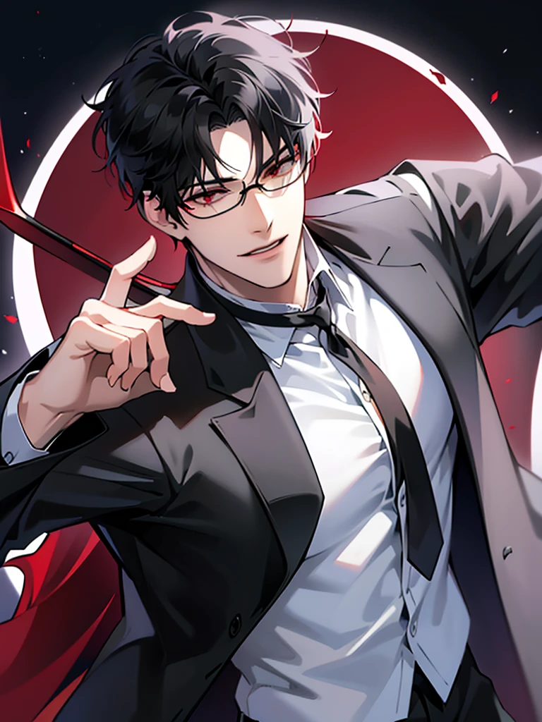 (masterpiece, 4k, high quality:1.3), 1boy, solo, short hair, black hair, asymmetrical fringe, red eyes, handsome,sharp eyes, (mature male, mature:1.2), male focus,black god, pattern collared,black god pants, red and gray cardigan, thin rim big circle glasses,Outer god,universe, close up, smile, smart
