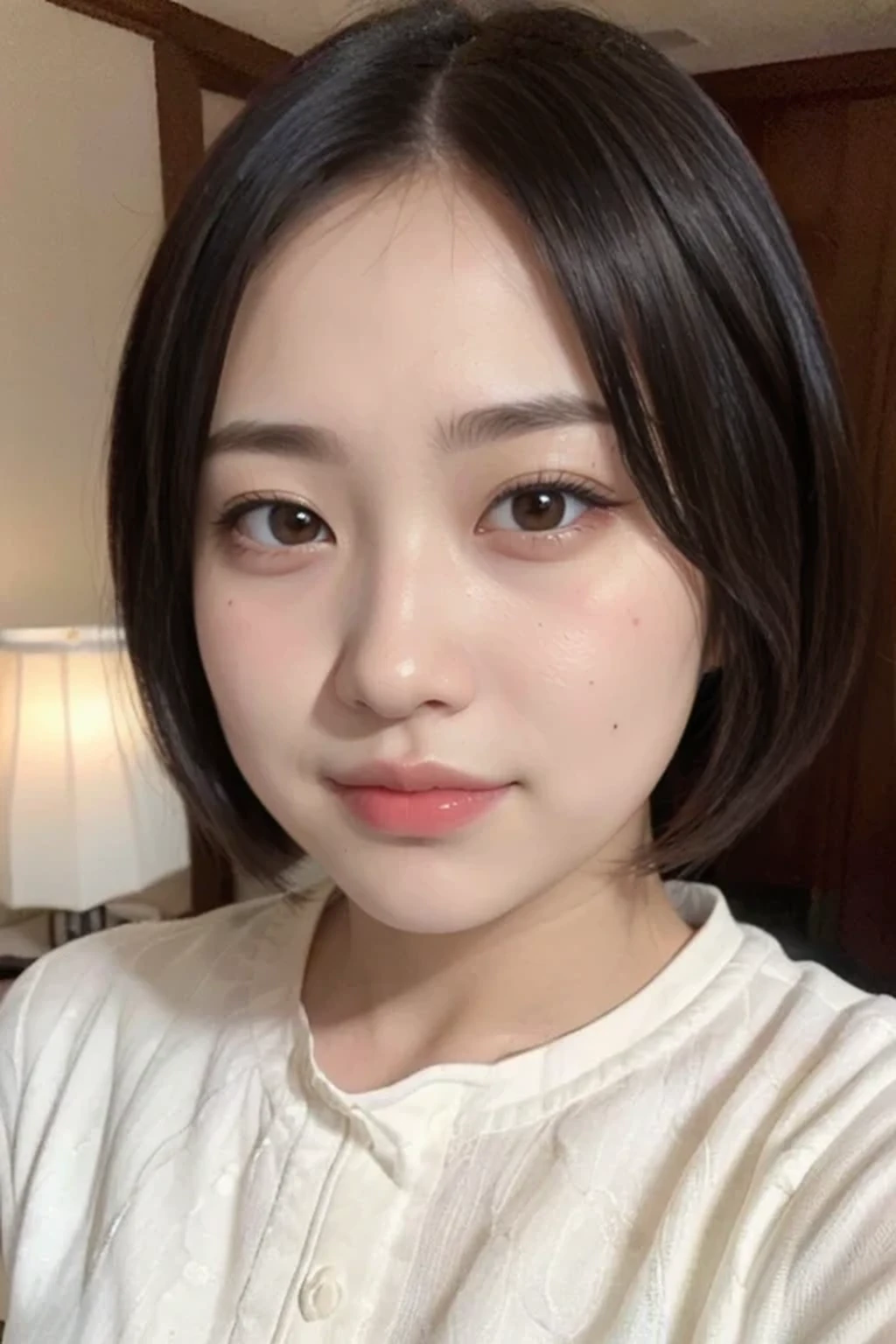 (photorealistic:1.2), 1 young female, (beautiful face:1.2), (no makeup face:1.3), break, indoor, bedroom, (dynamic angle:1.1), break, photo of young Japanese female, (14 years old:1.4), detailed pores and skin lines, break, happy, very fine eyes, break, (small breasts:0.5), black eyes, black hair, short cut hair, break, (eyes and faces with detailed:1.0), break, (masterpiece, best quality, ultra detailed, detailed face, 8k), (rim light:1.2), cowboy shot
