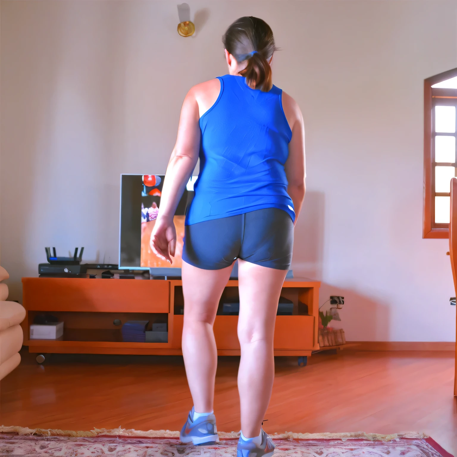 there is a woman standing in a living room playing a video game, centered full body rear-shot, waist reaching ponytail, side view of her taking steps, long shot from back, long shot from the back, back - shot, medium shot taken from behind, back pose, full growth from the back, hunched shoulders, back and standing