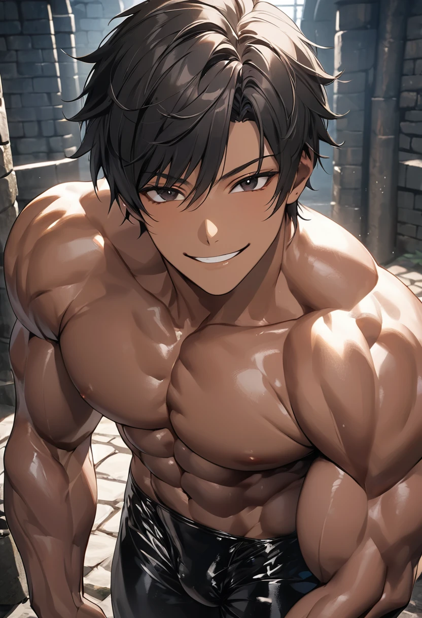high quality, detailed, (22 years old japanese idol wrestler boy), (detailed black eyes), (black short hair), (muscle:1.5), (dark brown shiny skin:1.3), black tiny thong, bulge,(detailed nipples), yard, dungeon, (best quality,4k,8k,highres,masterpiece:1.2), smirk, face close up,