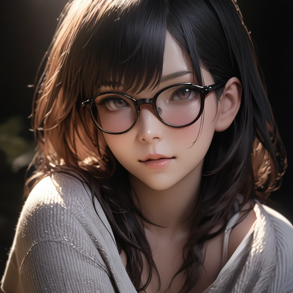 Best quality, masterpiece, ultra high res, (photorealistic:1.4), raw photo, 1girl, offshoulder, in the dark, deep shadow, low key, cold light, glasses, detailed skin
