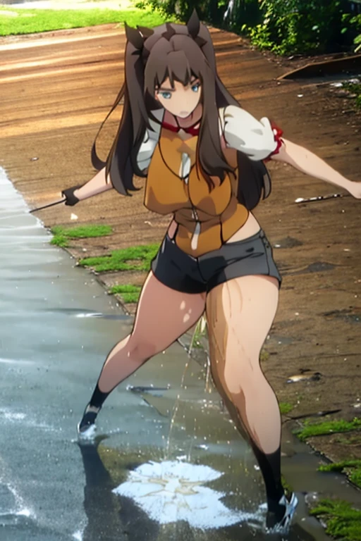 Highest quality, masterpiece, High resolution, 1 Girl, Tohsaka Rin, Long Hair, Both sides up, Brown Hair, blue eyes, Hair Ribbon,   (Wet shorts), (((Be incontinent))), (((Peeing))), Pee running down my legs, Pee stains, (puddle), (Thick thighs),  yellow peeing,