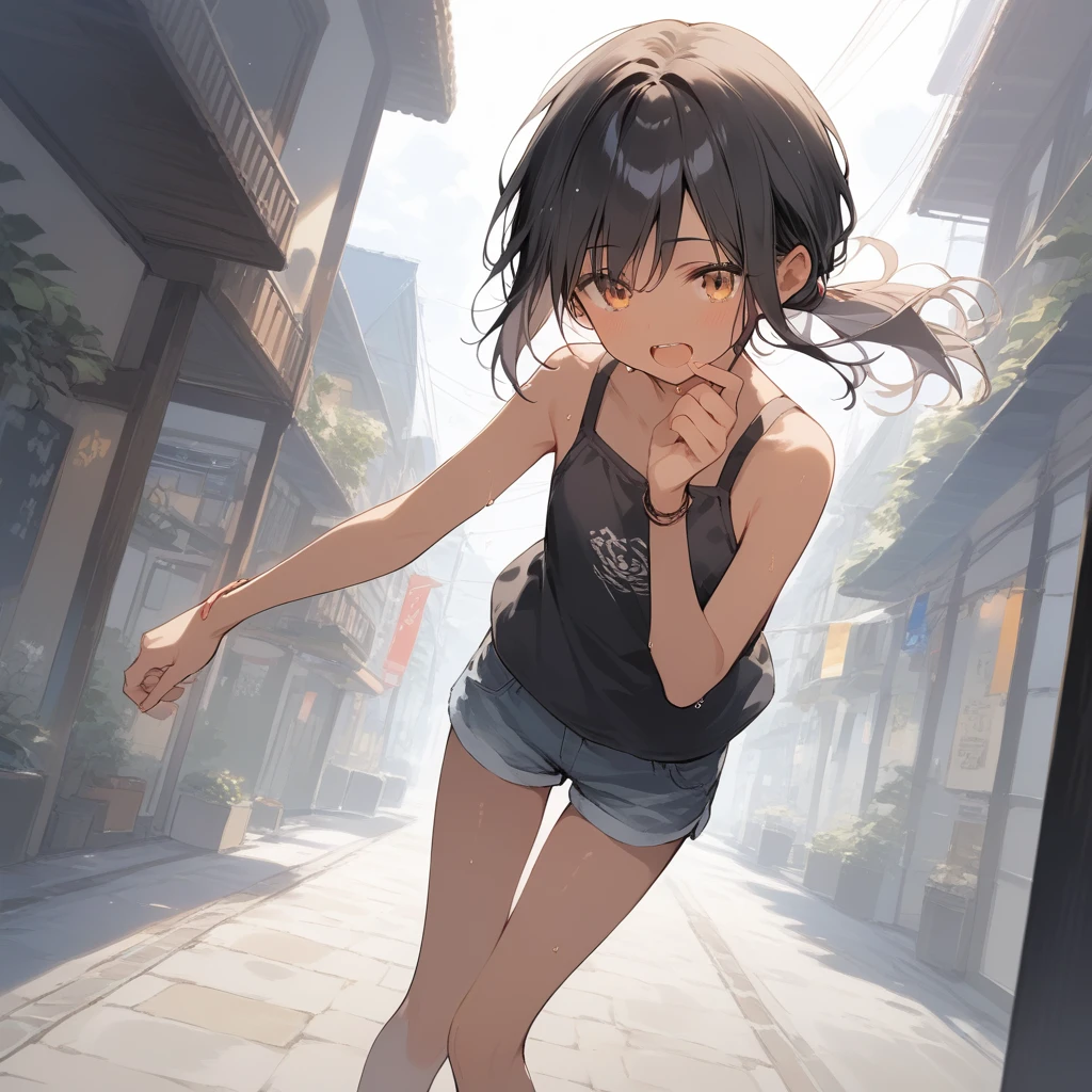 score_9, score_8_up, score_7_up, source_anime, best quality, masterpiece, official art, absurdres, highres, ultra-detailed,waifu2x,Collection: Slice of Life,break,1girl, tomboy, dark-skinned female, short hair, low ponytail, flat chest, beautiful detailed eyes, short shorts, sweat, open mouth, (yawn:0.3), sleepily, outdoors, wind,break,(clear line illustration:1.2), super detailed skin,very high resolution, very aesthetic, Best sexual lighting powered by famous artist, 8k,cute picture,beauty illustration,photoshop_(medium),,(Detailed Lighting),best anime 8k konachan wallpaper, pixiv contest winner,