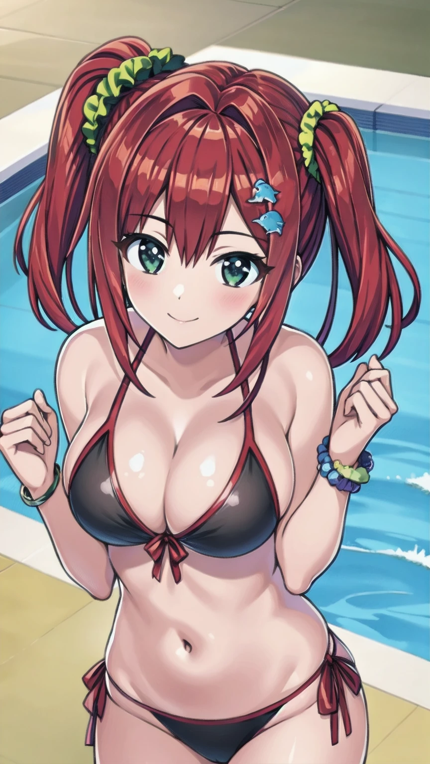 anime style, best quality, high quality, detailed face, detailed eyes, 
sakimiya iruka, sakimiyairuka, sakimiya iruka, sakimiyairuka, Sakimiya enters China, dolphin wave, medium hair, red hair, one side up, green scrunchie, hair ornament, green eyes, 
独奏, 独奏 focus, side ponytail, 
large breasts, 
black bikini, cleavage, navel, smile, cowboy shot,

pool, 