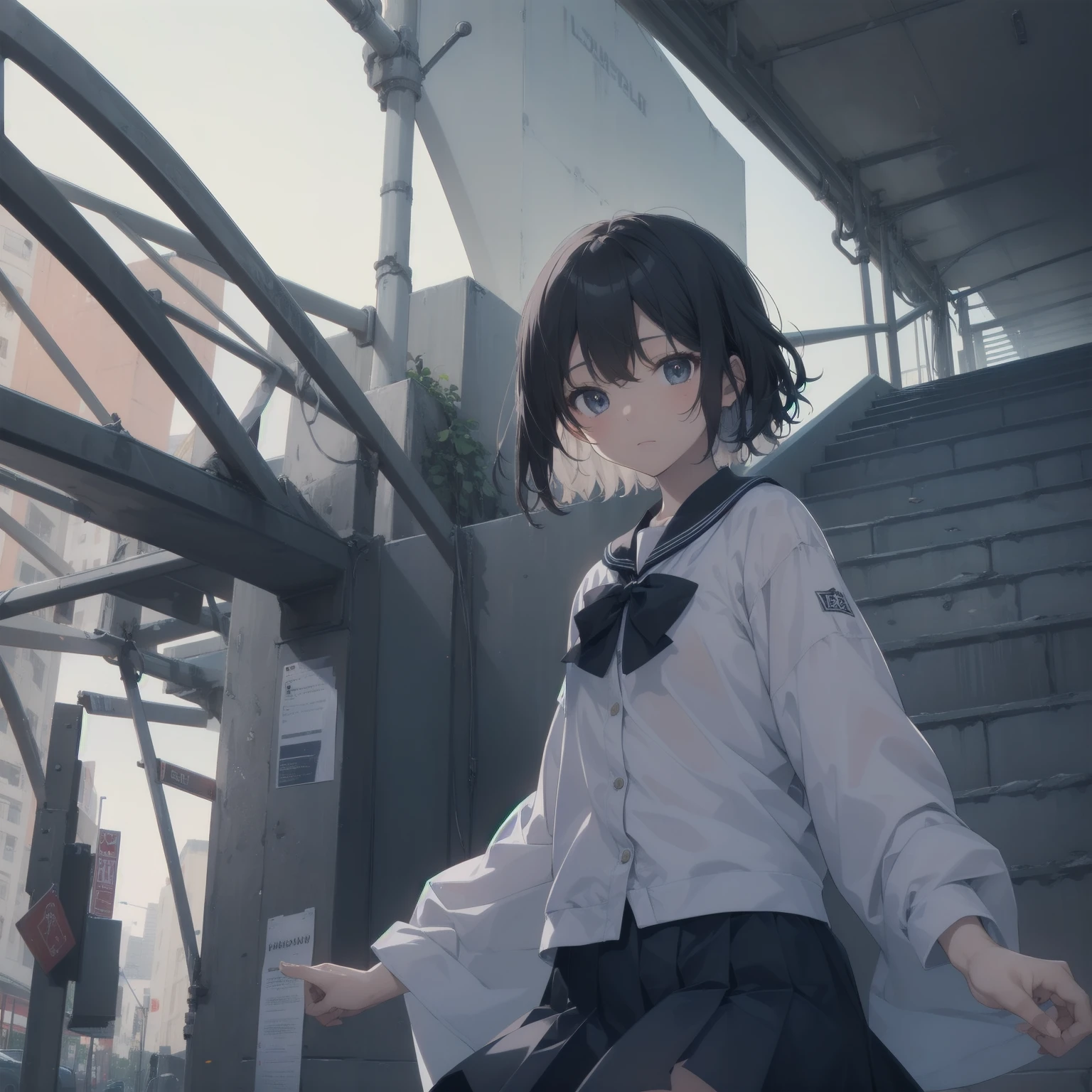 ultra-absurdres-Top quality by artist God, ultra-detailed, high resolution, anime moe artstyle, best anime 8k konachan wallpaper, pixiv contest winner, pool:2810, perfect anatomy,break, 1girl, (Please draw a girl walking sleepily to school alone. )break,(Solo,little female, 13-year-old:1.3),Full limbs, complete fingers,a junior high school student, (very short hair), short cut, flat chest, , small butt, small black eyes, beautiful detailed eyes, well-proportioned iris and pupils, expressive eyes, highres detailed hair, soft expression, salor school_uniform, sailor collar, serahuku, bow, pleated skirt,(Detailed Lighting), (Detailed background), in the School commute route. break,super detailed skin, Best cinematic lighting powered by famous artist, 8k,beauty illustration,photoshop_(medium),very aesthetic,break,((artist:yamamoto_souichirou )), artist:clamp ,artist:carnelian ,artist:kantoku ,