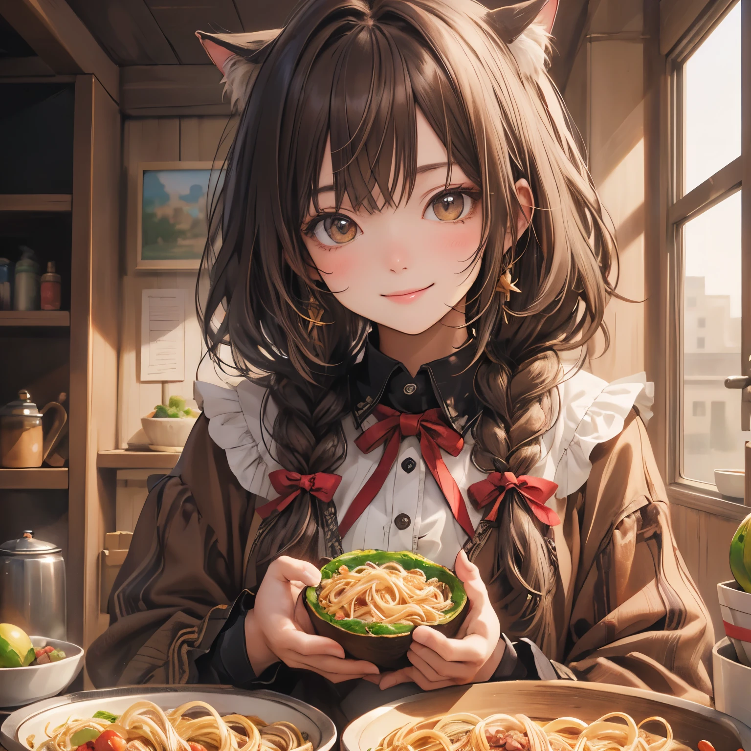 (masterpiece), Highest quality, Ultra-high resolution,Cat with brown ribbon、Brown Hair、Brown eyes、Brown clothes、Natto、Avocado、pasta、smile