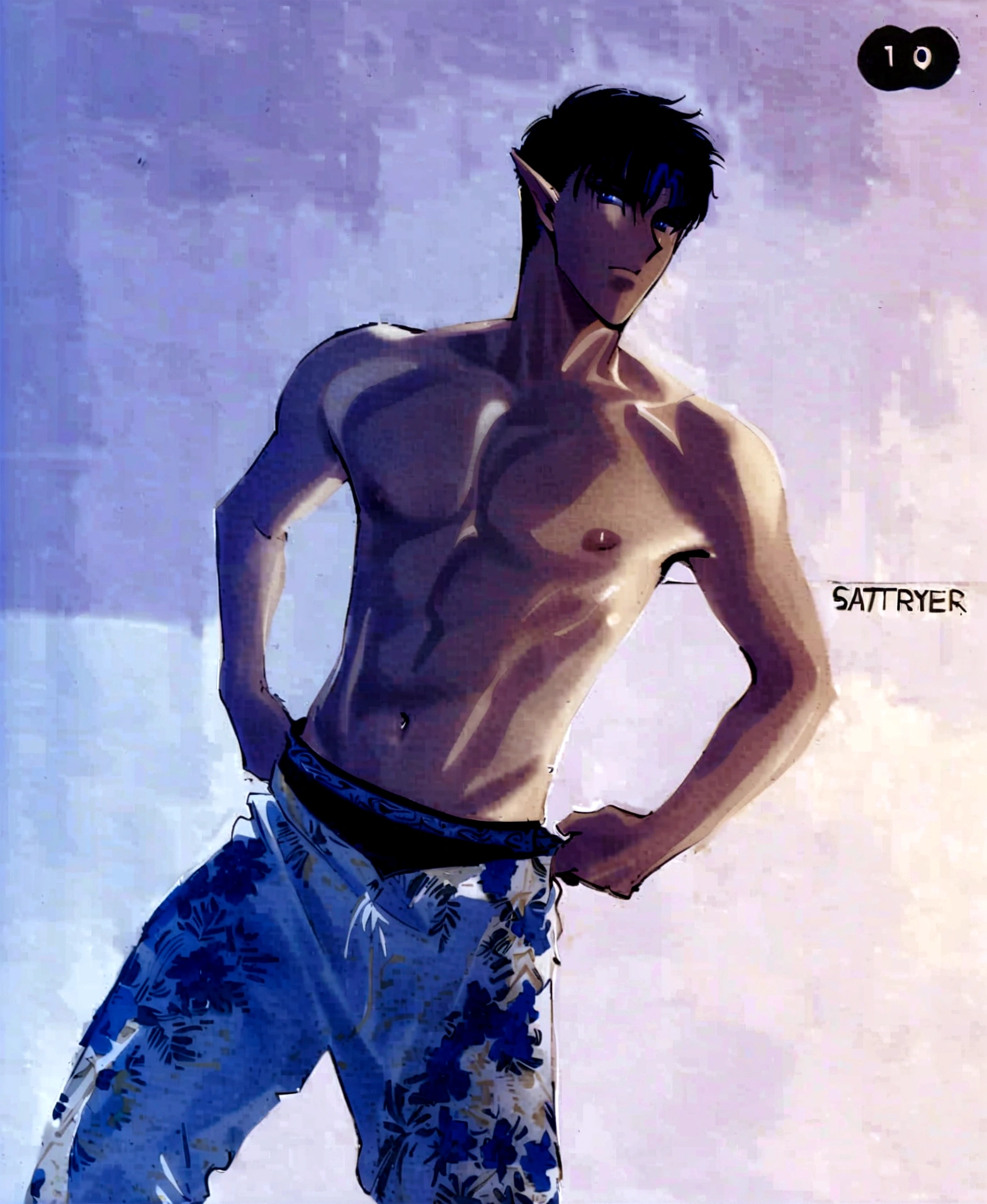 ((work of art, best qualityer)), ung boy, (mature man:1.4), 130 mmf1.4 lenses, 1 yoboy, standing alone, pointy ears, heart-shaped pupils, From above, demon boy, big pectorals, demon wings, saturados, colorfully, multicolored hair, silver hair, hair blue, multi colored eyes