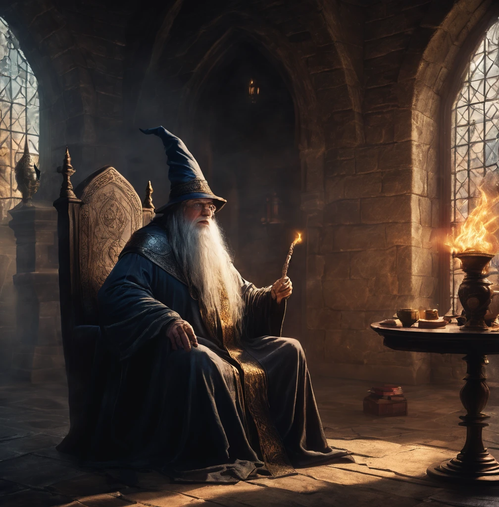 Older Wizard sitting in castle room fantasy artwork 