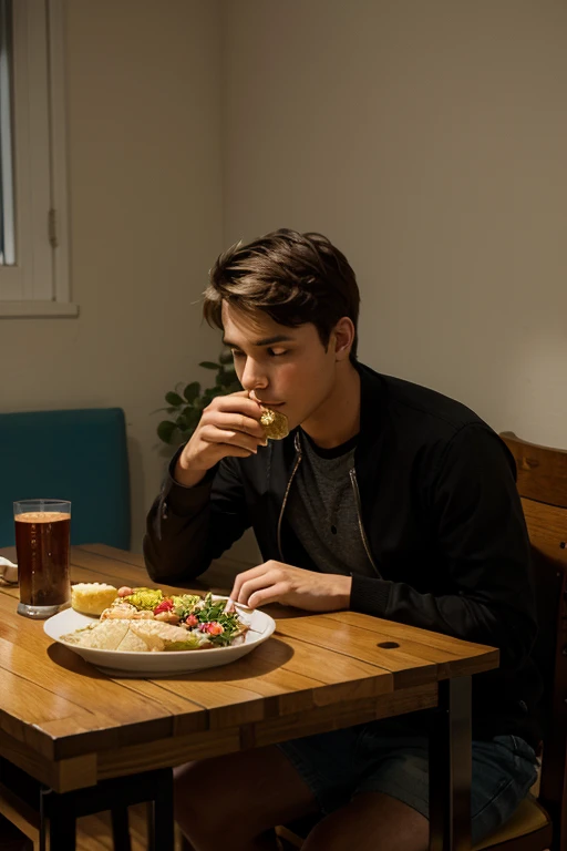 Picture of a young man eating at the dining table alone