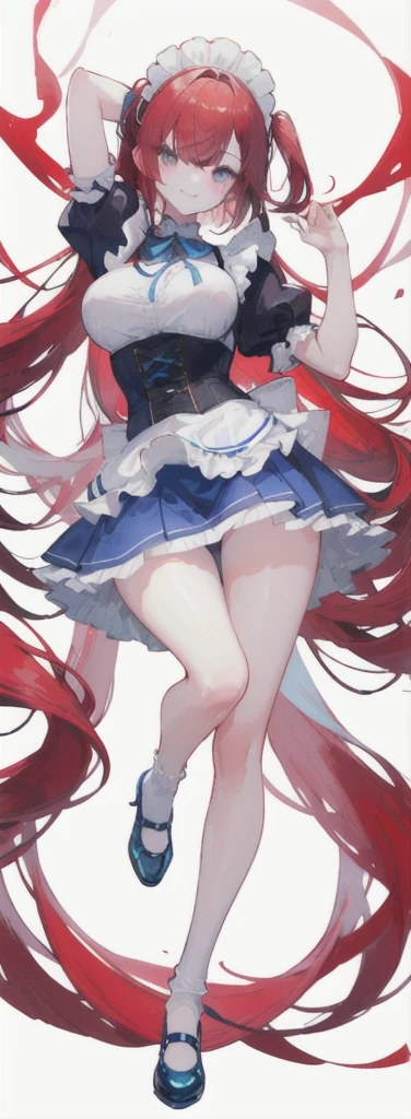 (long beautiful red hair) cyan eyes, (Eyes behind long bangs) big breasts, using accessories (using socks) perfect shiny beautiful reds shoes (Wearing luxurious palace maid clothes Perfect perfect noble) Pose facing sideways (Girl1, straight hair not too long, bangs covering one eye, soft face, gentle smile) ((Standing position with long legs, bare thighs, image position visible from bottom of feet to top of head) long red hair, beautiful cyan eyes (Free pose, right hand down, left hand down, ((Free pose))smile kawai, (blank white background) Wearing a blue corset, (Using a beautiful bright blue ribbon) Kawai shy cute eyes (reds colored shoes must be shiny, Must wear short white socks) ((short skirt)) short sleeves (image according to tag)
