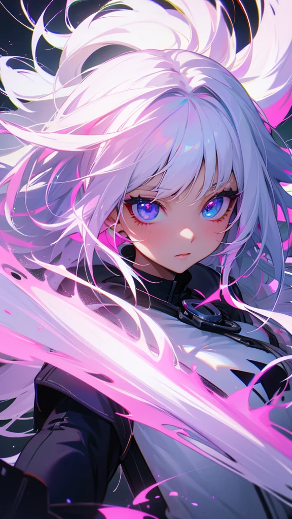 Highest quality explanation=She has long, white hair and pink and blue heterochromatic eyes.