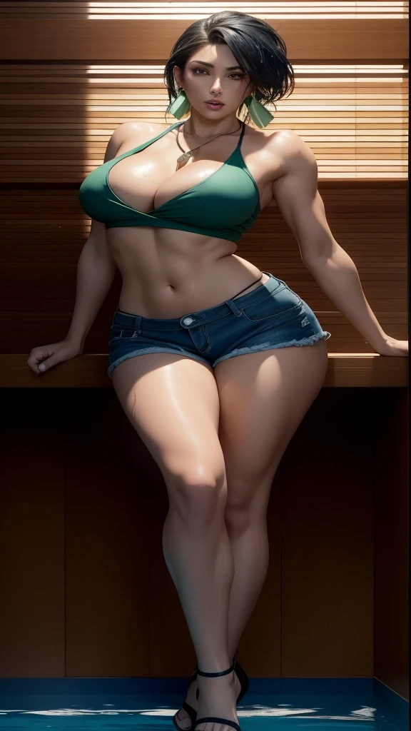 pool background, Leona Heidern in a chair, (perfect face), Leona Heidern hairstyle, dark blue hairstyle, earrings, wet face, defined jawline, tongue out, beautiful green eyes, necklace, beautiful lips, sexy, oiled body, realistic, shirt and denim shorts, perfect detailed shoulder, very huge breast, very big breast, teasing, soft natural breast, realistic breast physics, god rays, detailed skin, realistic shadows, unreal engine 5, cinematic color filter, standing up, full body pose, heels, detailed bright skin, sexy detailed stomach, belly button, detailed ass, seductive eyes