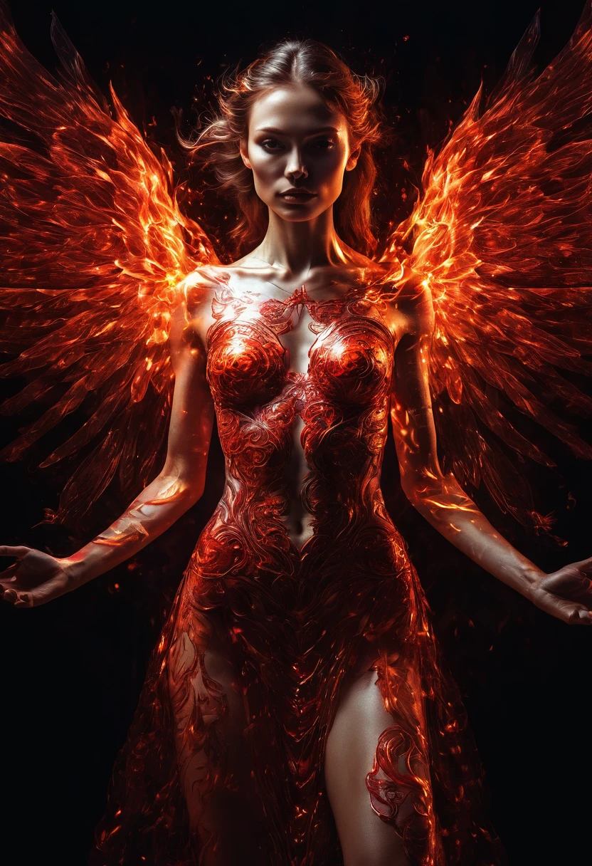 photoillustration of double exposure of split, an angel-lady, a red-demon, (transparency effect of a red-demon images emerge through her body(accurate 0.8)), seamless mix, light up eyes, texture and pattern, transparency red-demon image effect, iconic stance, holding fire-sword, dramatic shadows, dramatic lights, interlacing elements, fit-image emerge through her body, front view, fantasy art, two tones, digital manipulated photo art, hyper-realistic, ultra-detailed, crisp clarity, high-contrast, luminous ambiance, rich textures, intricate patterns, vivid colors, cinematic lighting, photo realistic, accurate anatomical proportions, neon-astral circle background 