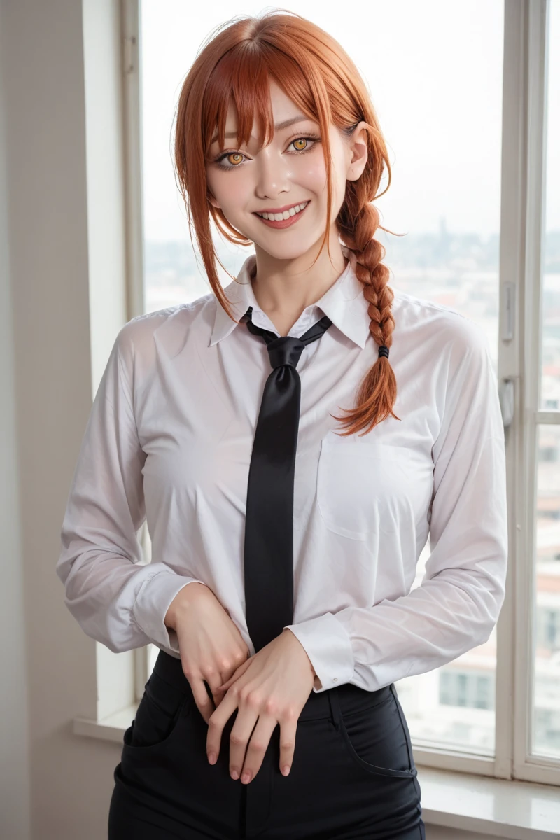 17 years old,high school student,naked,No clothes,全naked,(Provide sexual services to viewers:1.2),Too much exposure,Japanese,Fine, shiny skin, (Realistic, photo-Realistic:1.4), Pretty girl, Are standing, Looking out the window, White shirt, Collared shirt, Black tie, Black trousers, Long sleeve, smile (Red nose), Yellow Eyes + The eyes are round, short hair + Redhead + Long braided hair, hand \(Chainsaw Man\)