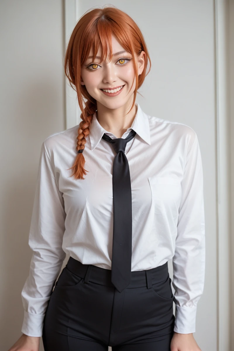 17 years old,high school student,naked,No clothes,全naked,(Provide sexual services to viewers:1.2),Too much exposure,Japanese,Fine, shiny skin, (Realistic, photo-Realistic:1.4), Pretty girl, Are standing, Looking out the window, White shirt, Collared shirt, Black tie, Black trousers, Long sleeve, smile (Red nose), Yellow Eyes + The eyes are round, short hair + Redhead + Long braided hair, hand \(Chainsaw Man\)