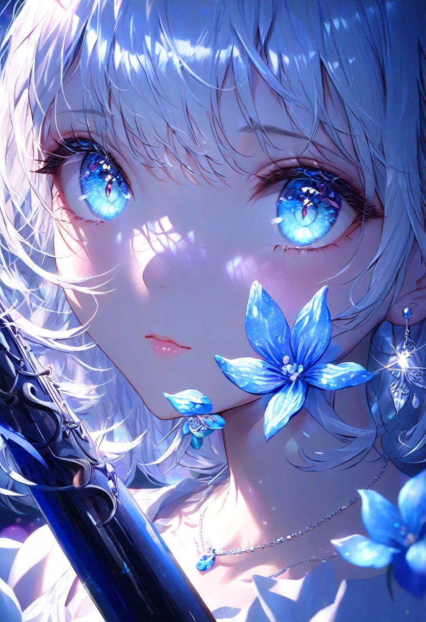 masterpiece, Highest quality, figure, Sax Blue, Platinum Earrings, Platinum Necklace, White Dress, One girl, cute, (Dynamic Lighting:1.2), Cinema Lighting, Delicate facial features, Fine grain, Sharp pupils, Realistic students, Depth of written boundary, Bokeh, Sharp focus, (Ultra-detailed, bloom, shine:1.4), Lots of little gems