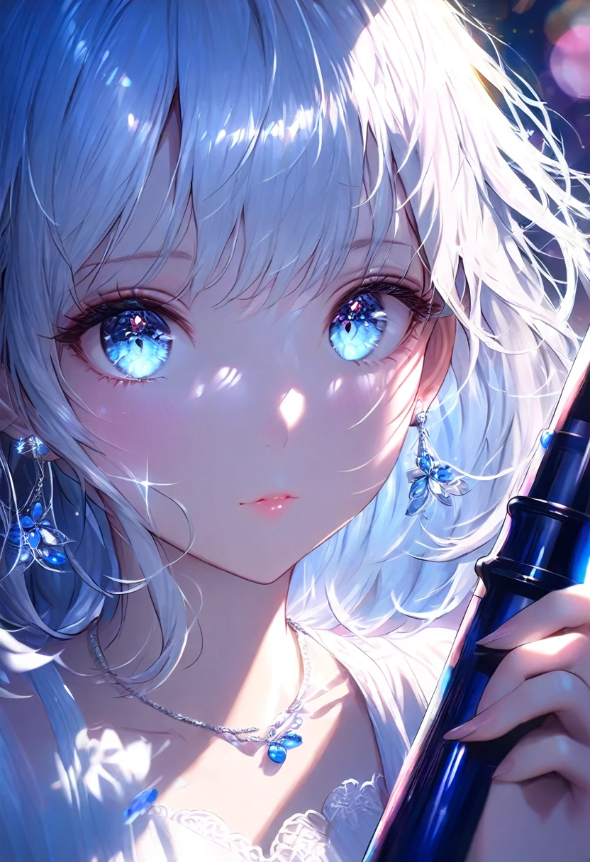 masterpiece, Highest quality, figure, Sax Blue, Platinum Earrings, Platinum Necklace, White Dress, One girl, cute, (Dynamic Lighting:1.2), Cinema Lighting, Delicate facial features, Fine grain, Sharp pupils, Realistic students, Depth of written boundary, Bokeh, Sharp focus, (Ultra-detailed, bloom, shine:1.4), Lots of little gems